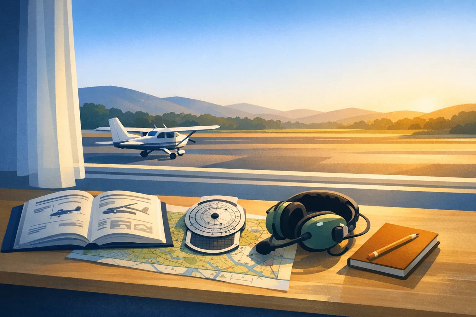 A study desk with a pilot's handbook, a sectional chart, a flight computer and a headset, and a high-wing trainer on the ramp outside the window at first light